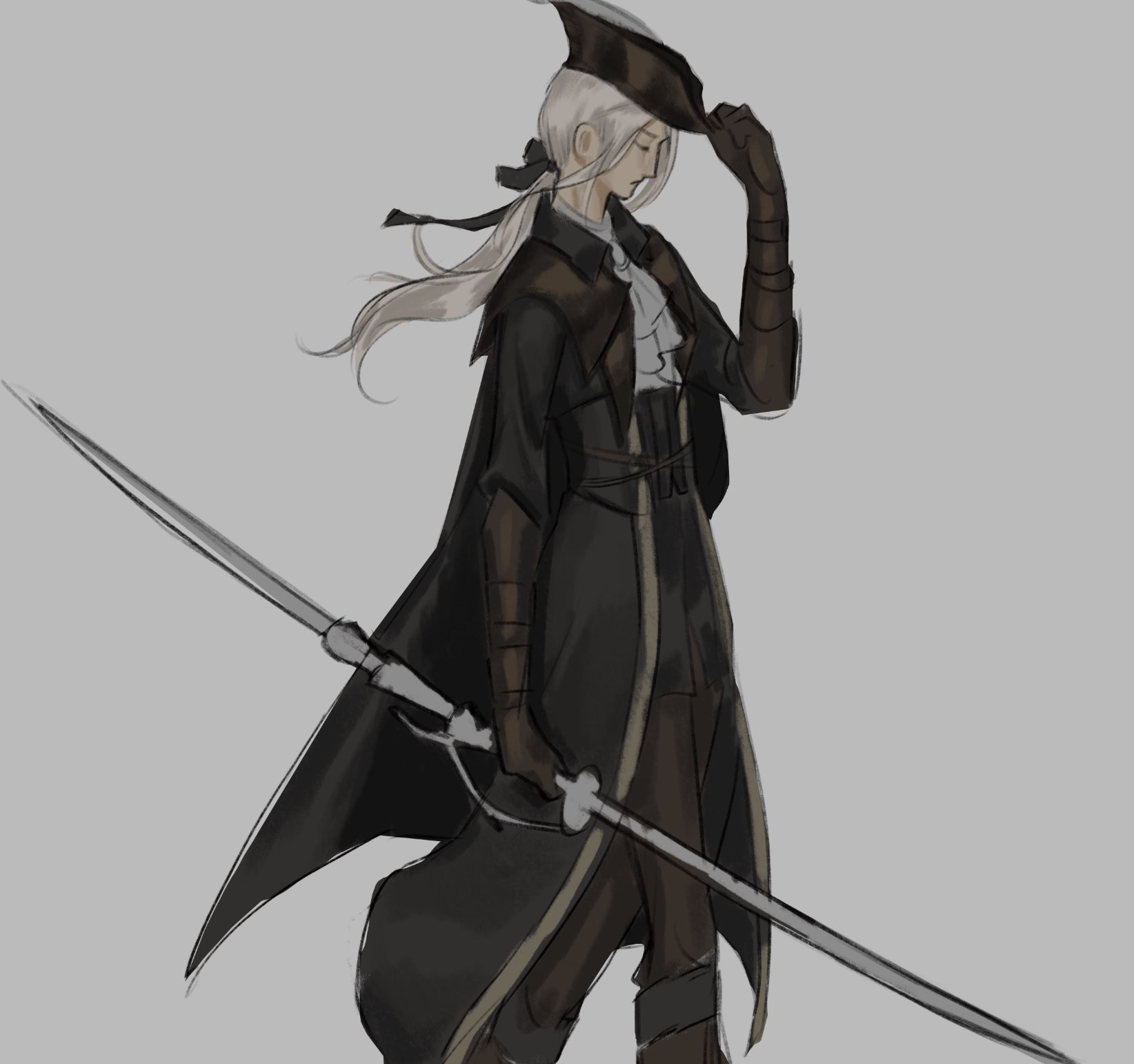 1girl ascot bloodborne bonnet boots brown_dress cloak closed_eyes coat double_blade dress gloves hat hat_feather highres lady_maria_of_the_astral_clocktower long_hair long_sleeves ponytail poopfart3939 rakuyo_(bloodborne) solo tricorne white_ascot white_background white_hair