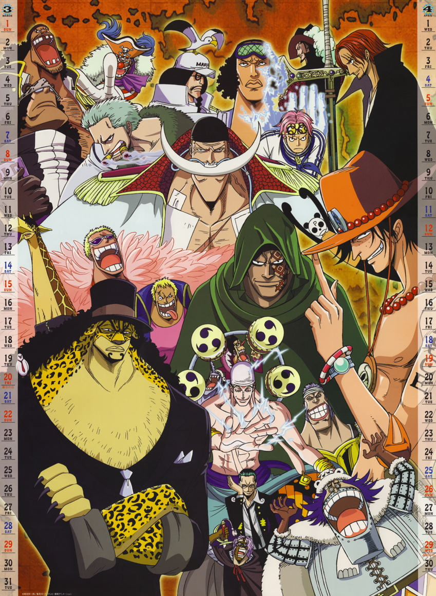 6+boys adjusting_eyewear animal_ears animal_print arlong armor bartholomew_kuma baseball_cap beard bellamy_(one_piece) bird black_hair black_shirt blonde_hair bracelet buggy_the_clown calendar cape captain_kuro cigar crossed_arms cyborg don_krieg donquixote_doflamingo dracule_mihawk earrings edward_newgate electricity enel facial_hair facial_mark feather_boa formal_clothes foxy_(one_piece) freckles glasses gloves goatee hat hattori_(one_piece) ice jewelry kaku_(one_piece) koby_(one_piece) kuzan_(aokiji) leopard_print male_focus marshall_d._teach monkey_d._dragon multiple_boys muscular necklace necktie official_art one_piece pandaman_(one_piece) pigeon pink_hair pirate portgas_d._ace purple_hair red_hair rob_lucci scar sengoku_(one_piece) shanks_(one_piece) shirt shoulder_perch sleep_mask smoker_(one_piece) smoking spandam suit sunglasses sword tattoo tongue topless_male wapol weapon white_hair