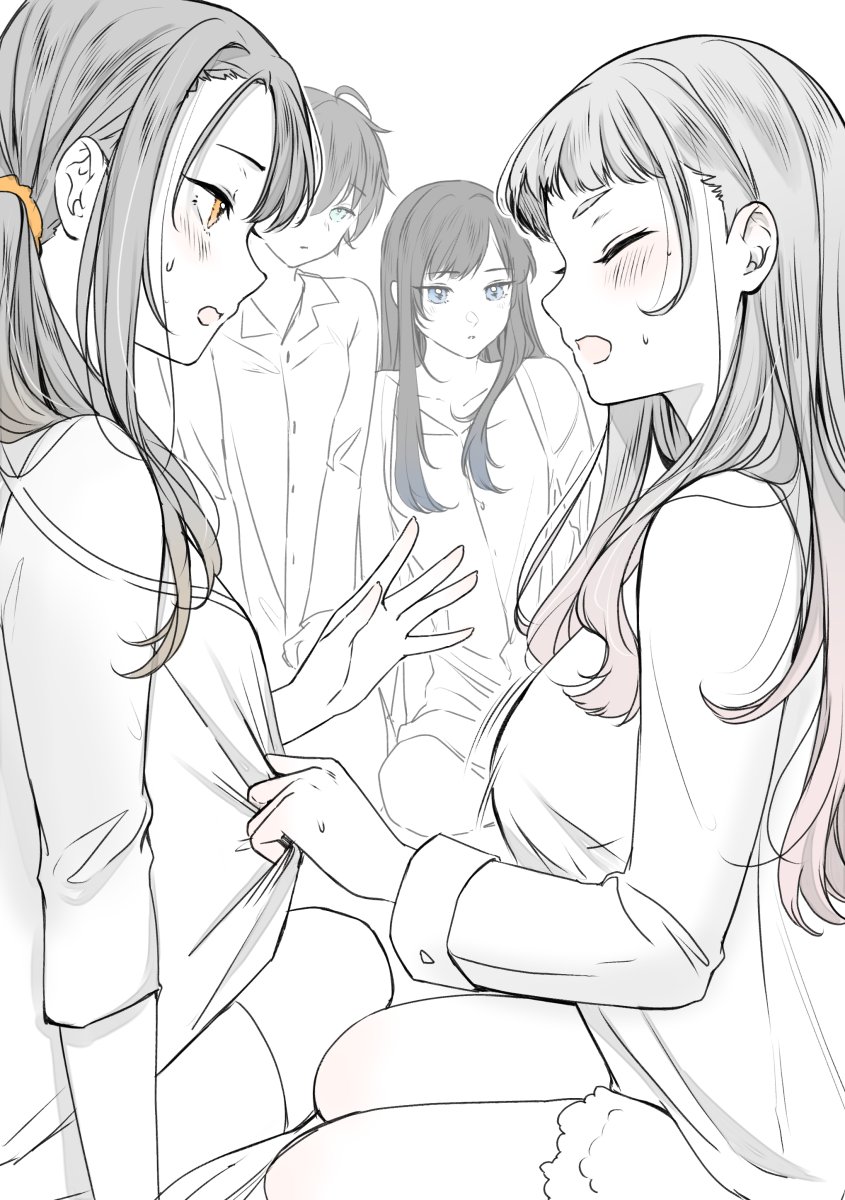 4girls ahoge blue_eyes blush carrot_(robosquat) closed_eyes clothes_grab hair_ornament hair_scrunchie highres long_hair long_sleeves multiple_girls nadeshiko_(carrot_robosquat) orange_eyes orange_scrunchie original pajamas parted_lips scrunchie shirt_grab short_hair sitting small_sweatdrop spot_color wavy_mouth