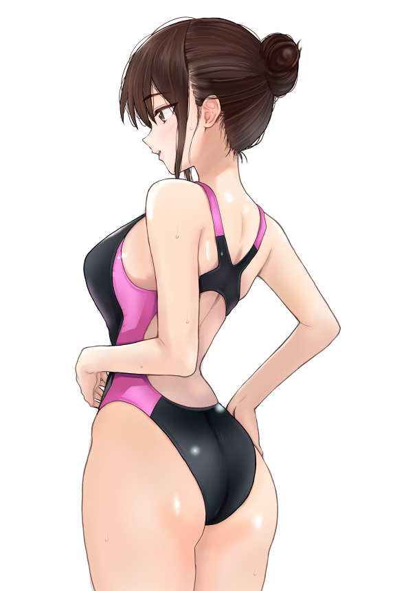 1girl ass back back_focus black_one-piece_swimsuit brown_eyes brown_hair commentary_request competition_swimsuit cowboy_shot from_behind hair_bun highleg highleg_one-piece_swimsuit nobita_(nbnobita) one-piece_swimsuit original racerback short_hair simple_background single_hair_bun solo standing swimsuit two-tone_swimsuit white_background