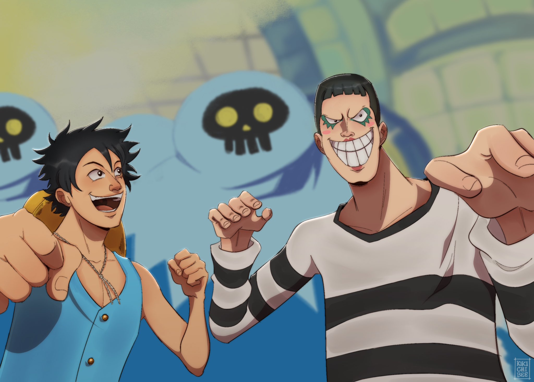 2boys 2others black_hair blue_shirt blugori bon_clay clenched_hands commentary english_commentary hat highres kikichibee long_sleeves looking_at_another makeup monkey_d._luffy multiple_boys multiple_others one_piece open_mouth prison_clothes shirt short_hair sleeveless sleeveless_shirt smile straw_hat upper_body
