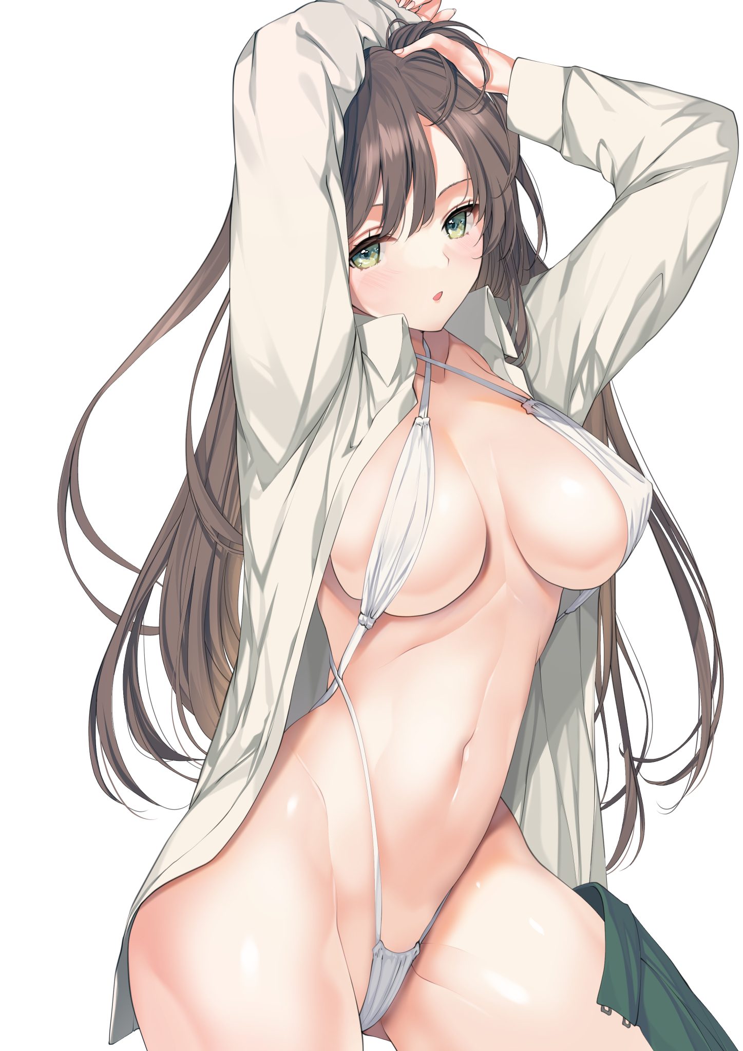 1girl arms_up bikini blush breasts brown_hair commentary_request covered_erect_nipples criss-cross_halter green_eyes groin halterneck hand_on_own_head highleg highleg_bikini highres large_breasts long_hair looking_at_viewer navel open_clothes open_shirt open_skirt original parted_lips school_uniform simple_background skirt solo stomach swept_bangs swimsuit tamiya_akito thighs white_background white_bikini