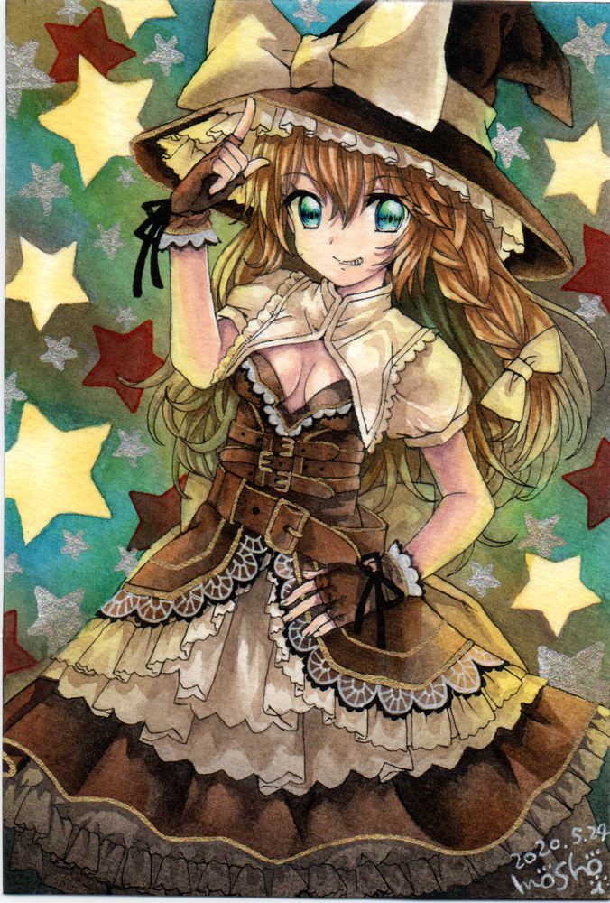 1girl blonde_hair bow braid breasts brown_dress brown_gloves cleavage crooked_smile dress feet_out_of_frame fingerless_gloves frilled_dress frilled_gloves frilled_hat frills gloves green_eyes hat hat_bow kirisame_marisa looking_at_viewer medium_breasts mosho side_braid signature star_(symbol) star_symbol_background steampunk touhou traditional_media witch_hat yellow_bow