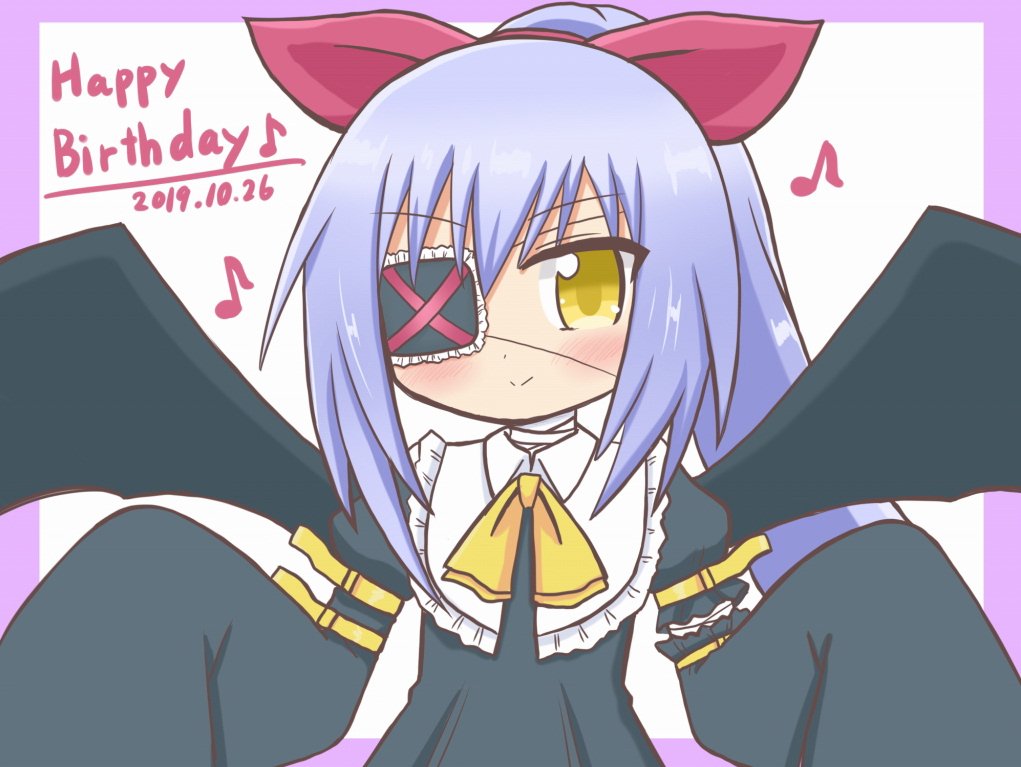 1girl bad_id bad_twitter_id black_dress black_wings blue_hair blush border closed_mouth collared_dress dated dress eighth_note eyepatch frills hair_between_eyes hair_ribbon happy_birthday high_ponytail long_hair long_sleeves looking_at_viewer musical_note original ponytail puffy_sleeves purple_border red_ribbon reverse_(bluefencer) ribbon sidelocks sleeves_past_fingers sleeves_past_wrists smile solo upper_body white_background wings yellow_eyes yellow_ribbon