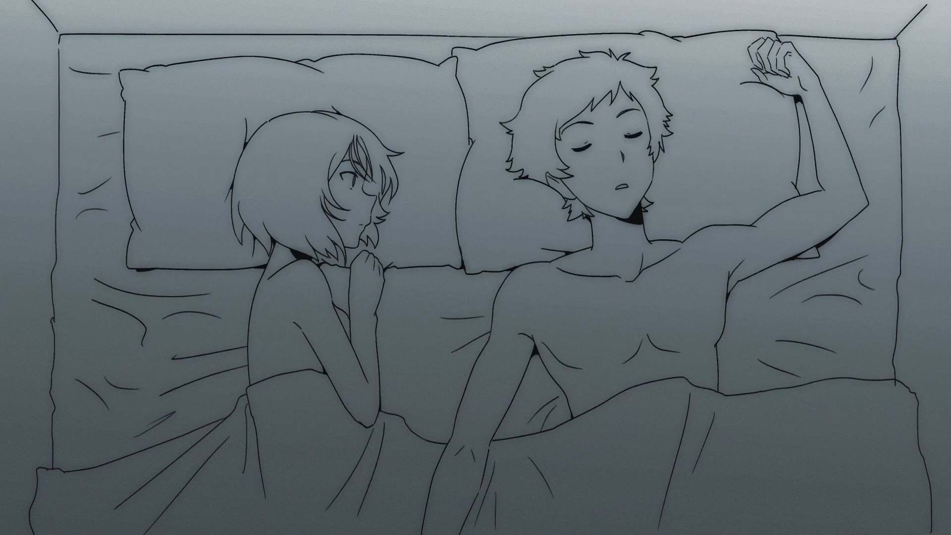 couple digimon highres himekawa_maki looking_at_another nishijima_daigo pillow short_hair sleeping