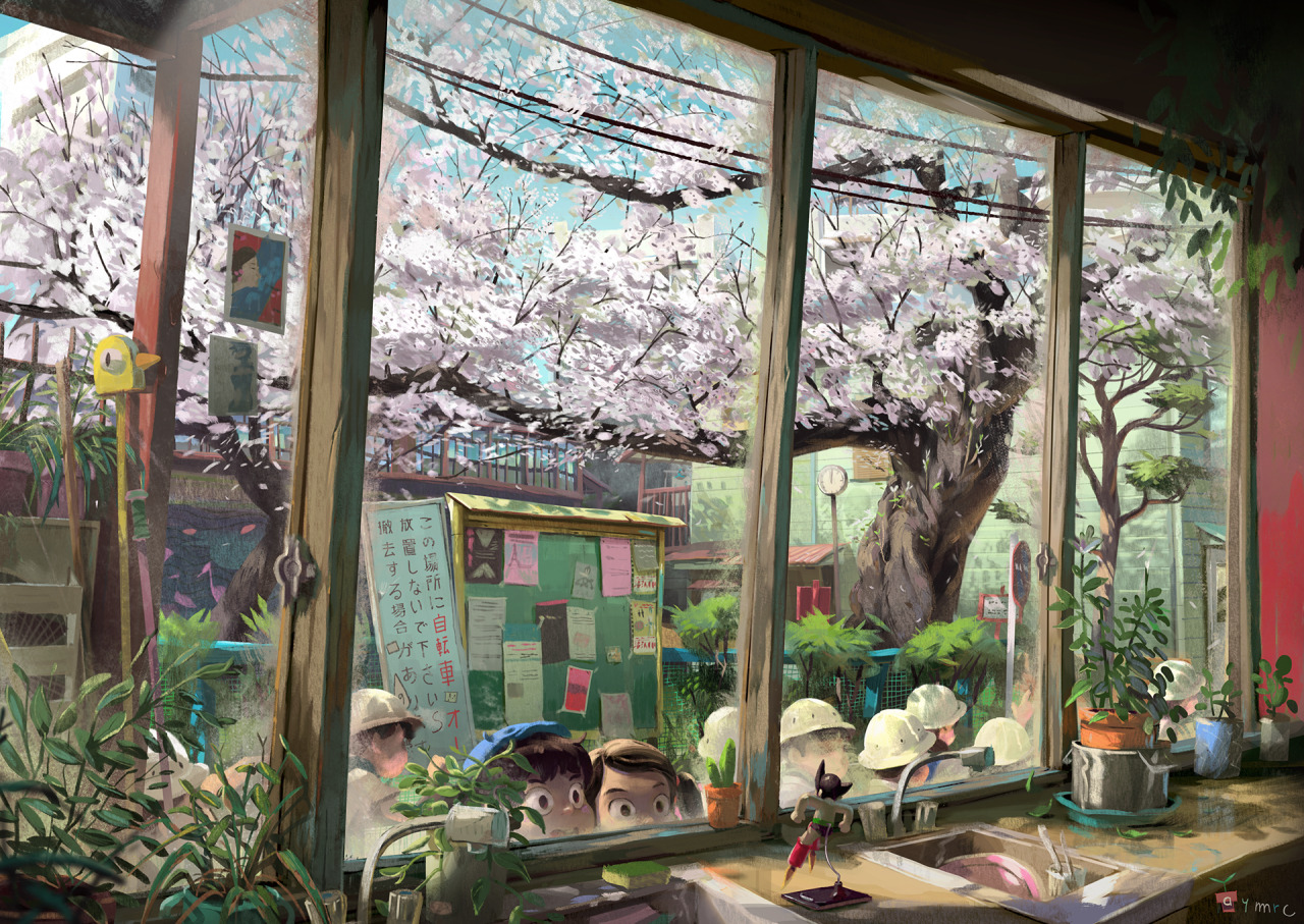 1boy 1girl analog_clock artist_logo artist_name atom_(tetsuwan_atom) aymeric_kevin blue_hat blue_sky brown_hair building bulletin_board cherry_blossoms cherry_tree child cityscape clock commentary counter dishes english_commentary falling_leaves falling_petals figure from_inside hair_ribbon hanging_plant hat kindergarten_uniform leaf logo looking_to_the_side original people petals pink_ribbon plant potted_plant railing ribbon school_hat short_twintails sign sink sky slice_of_life sponge tree twintails wide-eyed window yellow_hat