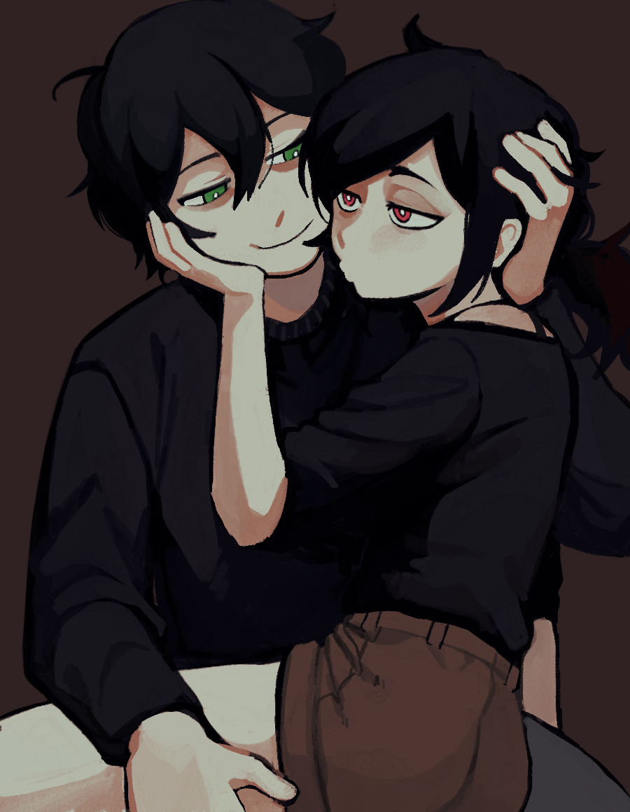 1boy 1girl andrew_graves ashley_graves black_hair black_shirt brother_and_sister brown_shorts green_eyes hand_on_another&#039;s_face hand_on_another&#039;s_head hand_on_another&#039;s_thigh looking_at_another medium_hair minominoks pink_eyes ponytail puckered_lips shirt shirt_tucked_in short_hair shorts siblings sitting sitting_on_lap sitting_on_person smile the_coffin_of_andy_and_leyley