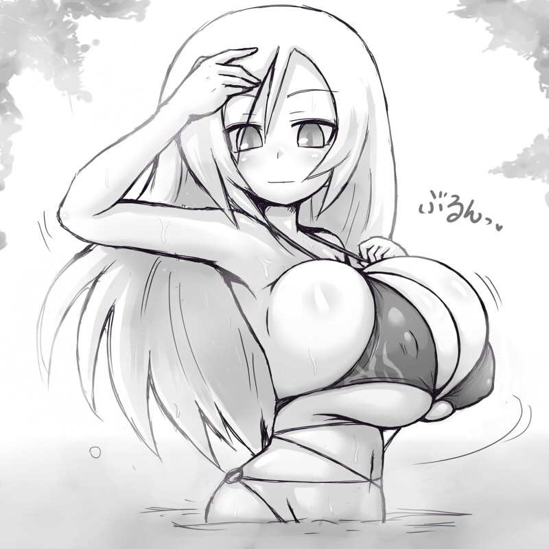 1girl alexi_(tits!) ayano_(luminous_arc) bikini blush breasts bursting_breasts cloud female_focus greyscale heart huge_breasts long_hair looking_at_viewer luminous_arc luminous_arc_2 monochrome navel outdoors sky solo swimsuit translated water