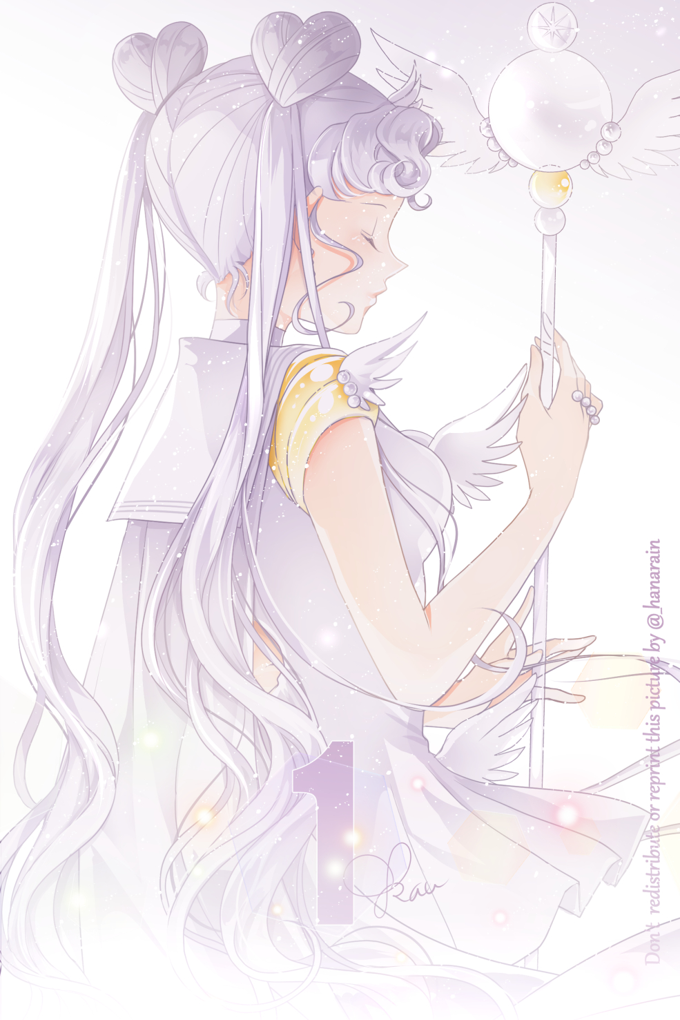 1girl bishoujo_senshi_sailor_moon bishoujo_senshi_sailor_moon_stars brooch choker closed_eyes double_bun hair_bun heart_hair_bun highres jewelry long_hair magical_girl sailor_collar sailor_cosmos sailor_senshi_uniform sarashina_kau solo staff triple_horizontal_stripe twintails white_background white_choker white_hair white_sailor_collar wing_brooch winged_wand