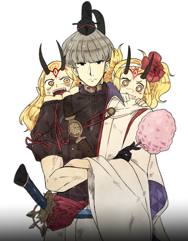 +_+ 1boy 2girls anger_vein black_eyes black_horns blonde_hair bowl_cut commentary_request cotton_candy crossed_arms drooling dual_persona fate/grand_order fate_(series) food forehead_tattoo grey_hair hairband holding holding_cotton_candy holding_food horns ibaraki_douji_(fate) ibaraki_douji_(swimsuit_lancer)_(fate) ibaraki_douji_(swimsuit_lancer)_(second_ascension)_(fate) japanese_clothes korean_commentary long_hair multiple_girls open_mouth pointy_ears sheath sheathed smile sword twintails uni_(unnny) watanabe_no_tsuna_(fate) weapon white_hairband yellow_eyes
