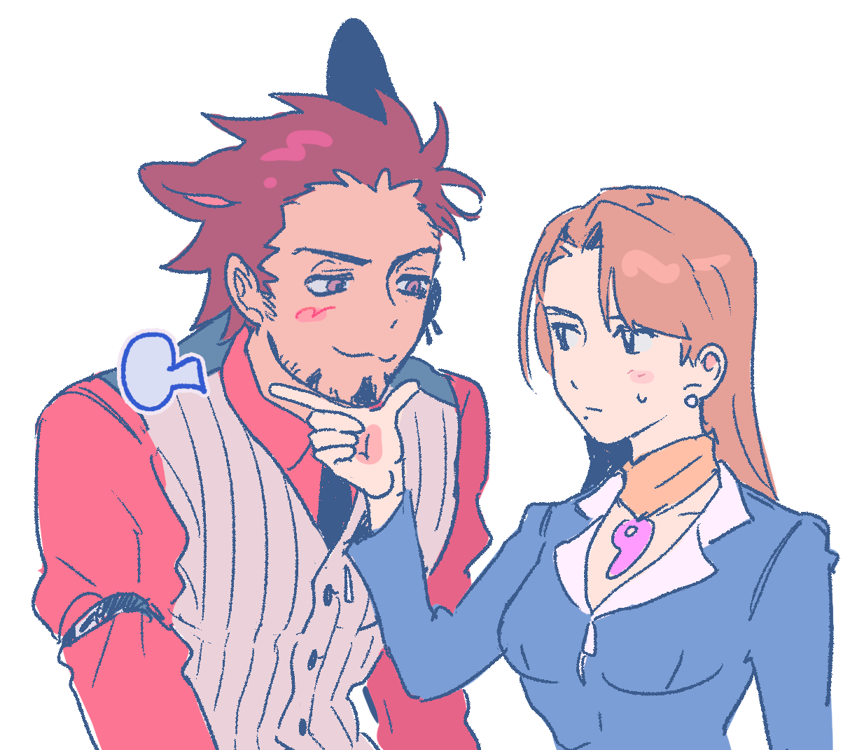 1boy 1girl ace_attorney blush catuoon couple diego_armando earrings facial_hair godot_(ace_attorney) jewelry long_hair magatama mia_fey red_eyes red_hair smile