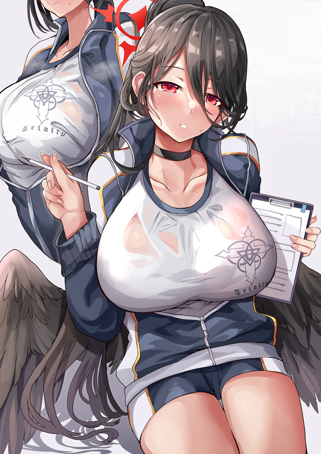 1girl black_hair black_wings blue_archive blue_jacket blush breasts clipboard feathered_wings grey_background gym_shirt gym_uniform hair_between_eyes halo hasumi_(blue_archive) hasumi_(track)_(blue_archive) high_ponytail highres himuro_shunsuke holding holding_clipboard holding_pen huge_breasts jacket long_hair long_sleeves looking_at_viewer low_wings mole mole_under_eye multiple_views official_alternate_costume parted_lips pen ponytail red_eyes shirt thighs very_long_hair white_shirt wings