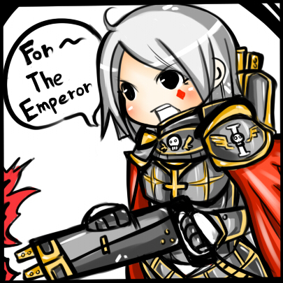 1girl adepta_sororitas armor facepaint female_focus flamer flamethrower inquisition_(warhammer) lowres orange&amp;kelly ornate sisters_of_battle skull solo warhammer_40k weapon white_hair