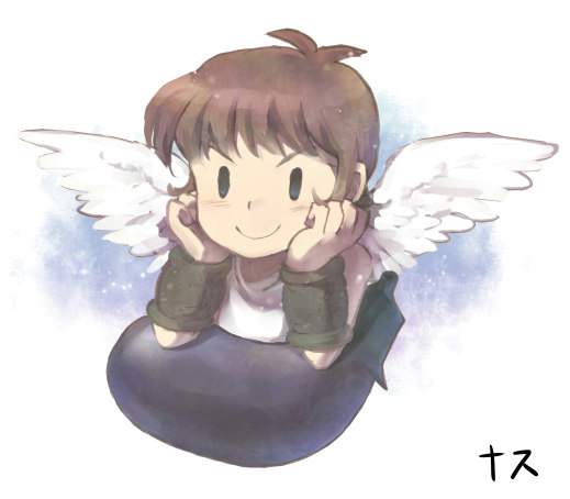 1boy angel angel_wings azumi_(tks-sd) brown_hair closed_mouth eggplant feathered_wings food hands_on_own_cheeks hands_on_own_face kid_icarus kid_icarus_(nes) male_focus nintendo pit_(kid_icarus) smile solo v-shaped_eyebrows vegetable white_wings wings