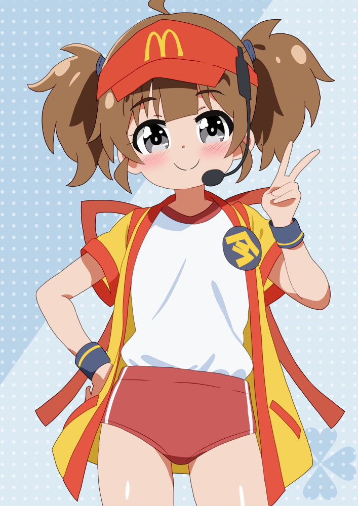 1girl back_bow badge black_eyes blue_background bow brown_hair buruma button_badge closed_mouth commentary cowboy_shot gym_shirt gym_uniform hair_tie hand_on_own_hip hat headset imadake_dabuchi_tabemi looking_at_viewer mcdonald&#039;s mizusaki_johnko red_buruma red_hat shirt short_hair short_sleeves single_vertical_stripe smile solo standing t-shirt tasuki twintails v visor_cap white_shirt wristband yellow_happi