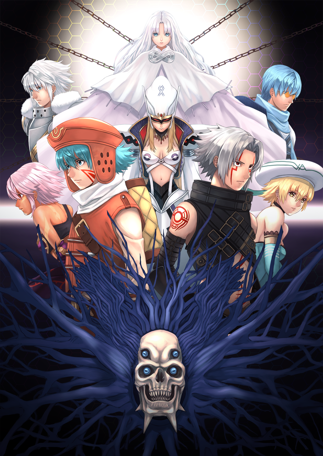 .hack// .hack//games 4boys 4girls aqua_hair atoli_(.hack//) aura_(.hack//) balmung_(.hack//) black_rose_(.hack//) blonde_hair blue_eyes blue_hair breasts capelet chain cleavage closed_mouth cubia_(.hack//) detached_sleeves expressionless extra_eyes facial_tattoo glasses grey_hair haseo_(.hack//) hat helba_(.hack//) highres honeycomb_(pattern) honeycomb_background kagyu_nakamura kite_(.hack//) long_hair looking_afar looking_at_viewer mask medium_breasts messy_hair monster multiple_boys multiple_girls navel orange_headwear ovan_(.hack//) parted_bangs pink_hair sharp_teeth short_hair shoulder_tattoo tattoo teeth white_capelet white_hair white_headwear yellow_eyes
