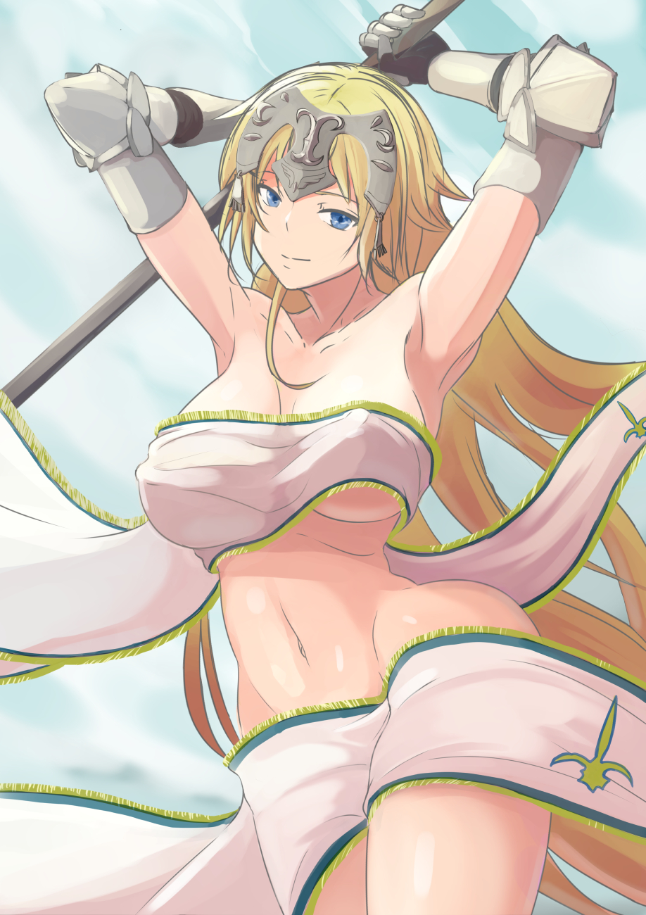 1girl armpits arms_up blonde_hair blue_eyes breasts cleavage elbow_gloves fate/apocrypha fate/grand_order fate_(series) flag gloves headpiece highres holding holding_flag jeanne_d&#039;arc_(fate) jeanne_d&#039;arc_(ruler)_(fate) large_breasts long_hair looking_at_viewer mokuseirokku nude pixiv_fate/grand_order_contest_2 smile solo