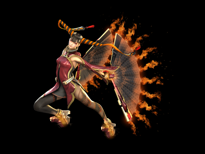 1girl 3d female_focus fire folding_fan hand_fan madworld max_anarchy official_art ribbon rin_rin single_thighhigh solo tattoo thighhighs