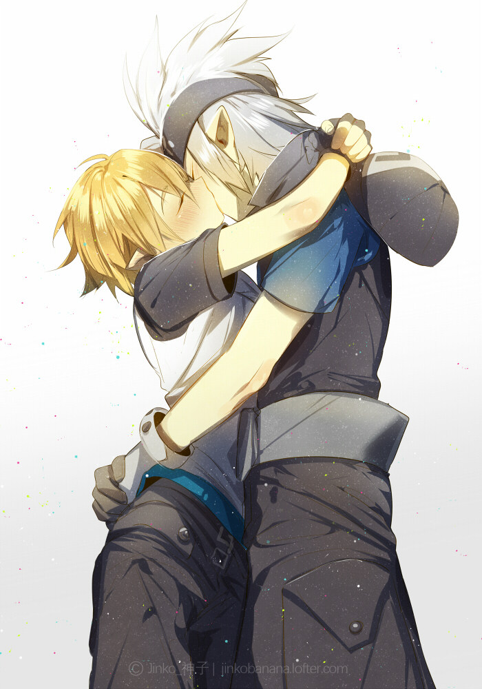 2boys aotu_world belt black_gloves black_headband blonde_hair blush closed_eyes fingerless_gloves gloves grey_(aotu_world) grey_hair headband hug jinkoika king_(aotu_world) kiss male_focus multiple_boys pants pointy_ears shirt short_hair short_sleeves simple_background spiked_hair watermark web_address white_background yaoi