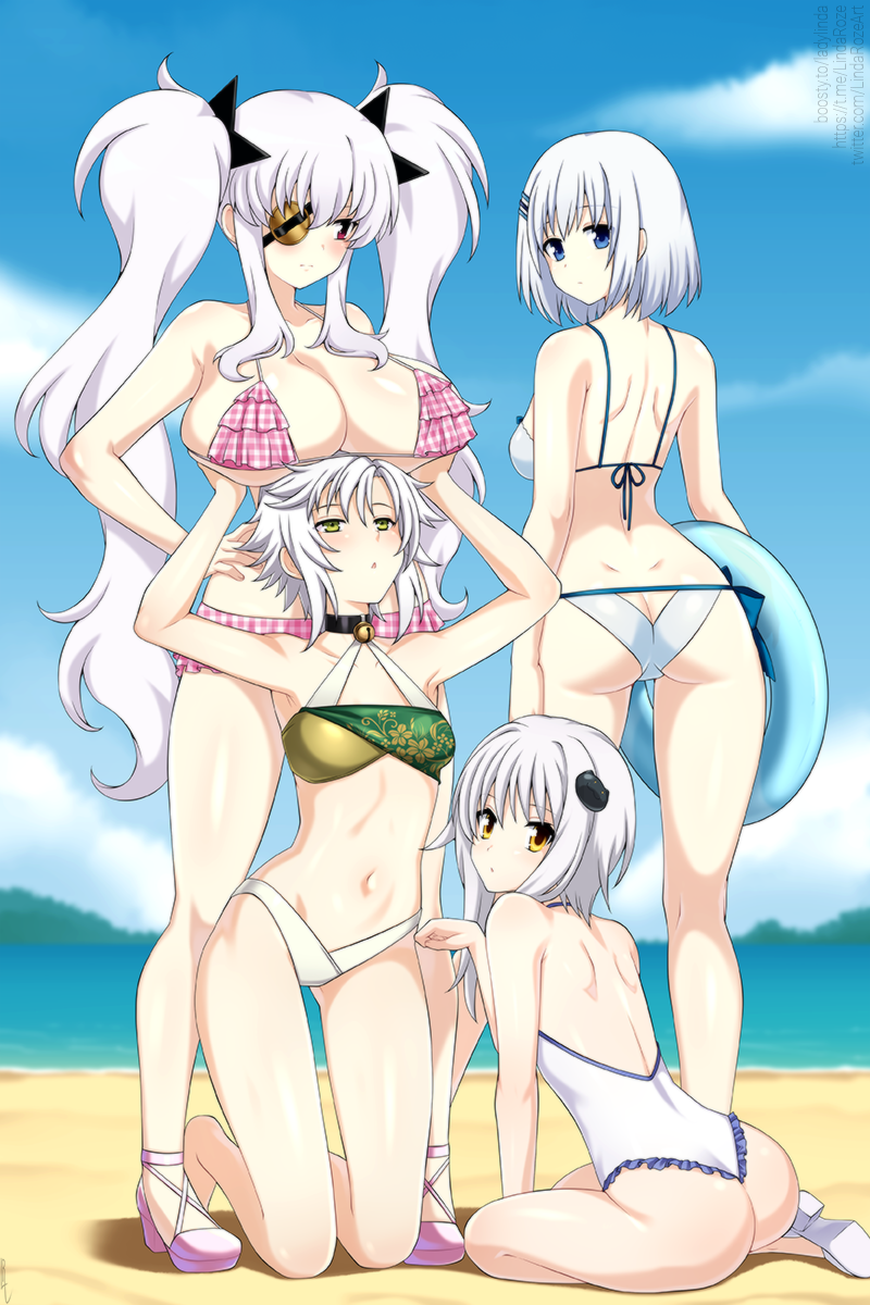 4girls arms_up ass ass_cutout beach bell bikini blue_eyes blue_sky blurry blurry_background blush breast_rest breasts breasts_on_head butt_crack cat_hair_ornament cleavage closed_mouth clothing_cutout cloud color_connection commentary crossover date_a_live day eiyuu_densetsu english_commentary eyepatch female_focus fie_claussell frilled_bikini frills from_behind green_eyes grey_hair hair_ornament hairclip high_heels high_school_dxd highres holding holding_swim_ring innertube jingle_bell kneeling large_breasts lindaroze long_hair looking_at_viewer looking_back medium_hair multiple_crossover multiple_girls navel neck_bell one-piece_swimsuit outdoors pink_bikini pink_shoes red_eyes sen_no_kiseki sen_no_kiseki_(series) sen_no_kiseki_ii senran_kagura shoes short_hair sky small_breasts standing swim_ring swimsuit tobiichi_origami toujou_koneko trait_connection triangle_mouth twintails underboob very_long_hair water wedgie white_bikini white_footwear white_one-piece_swimsuit yagyu_(senran_kagura) yellow_eyes