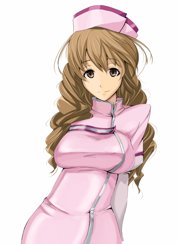 1girl brown_eyes brown_hair cecile_neues eiyuu_densetsu falcom female_focus hat long_hair marubonman nurse nurse_cap smile solo white_background zero_no_kiseki