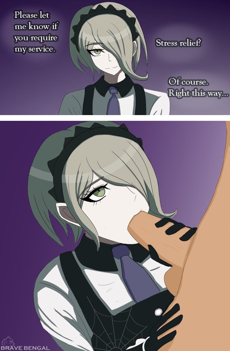 1boy 1girl apron artist_logo artist_name beige_hair black_apron black_collar black_gloves black_headdress black_headwear bravebengal clothed_female_nude_male collar collared_shirt danganronpa_(series) danganronpa_v3:_killing_harmony dark-skinned_male dark_skin ears english_text eyelashes faceless faceless_male fellatio gloves gradient_background green_eyes hair_over_one_eye hand_on_another&#039;s_leg hand_on_leg handjob hetero highres logo long_hair looking_at_viewer looking_up lower_body maid maid_headdress medium_hair multiple_views necktie nose nude offscreen_person open_mouth oral parted_bangs parted_hair penis purple_background purple_neckwear raised_eyebrow shirt signature silk simple_background speech_bubble spider_web spider_web_print tan testicles tojo_kirumi uncensored upper_body veins veiny_penis watermark white_shirt