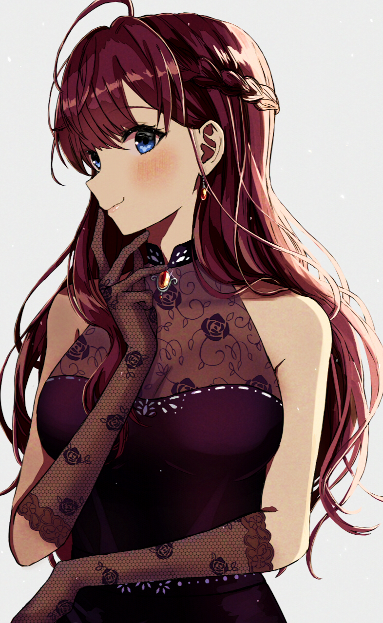 1girl ahoge ameen-hera bare_shoulders blue_eyes blush braid breasts brooch brown_hair cleavage crazy_crazy_(idolmaster) dress earrings elbow_gloves finger_to_mouth floral_print french_braid glint gloves halter_dress halterneck highres ichinose_shiki idolmaster idolmaster_cinderella_girls jewelry long_hair looking_at_viewer medium_breasts see-through_clothes see-through_cleavage sideways_glance simple_background smile solo upper_body