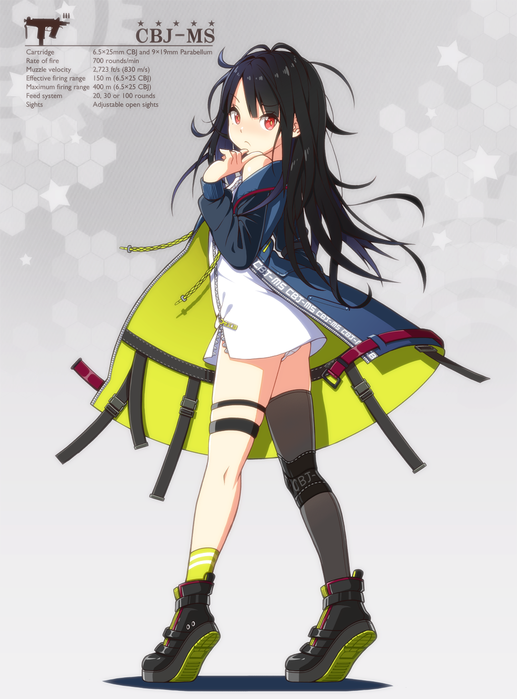 1girl ass belt black_hair black_thighhighs boots c-ms_(girls&#039;_frontline) cbj-ms character_name commentary_request detail finger_to_face foregrip full_body girls&#039;_frontline graphite_(medium) gun handgun highres icon_(computing) jacket long_hair looking_at_viewer machine_pistol panties pantyshot personal_defense_weapon pistol pistol_stabilizing_brace red_eyes single_thighhigh sizque socks standing stock_(firearm) stubby_grip submachine_gun telescoping_stock thighhighs traditional_media underwear vertical_forward_grip weapon white_panties