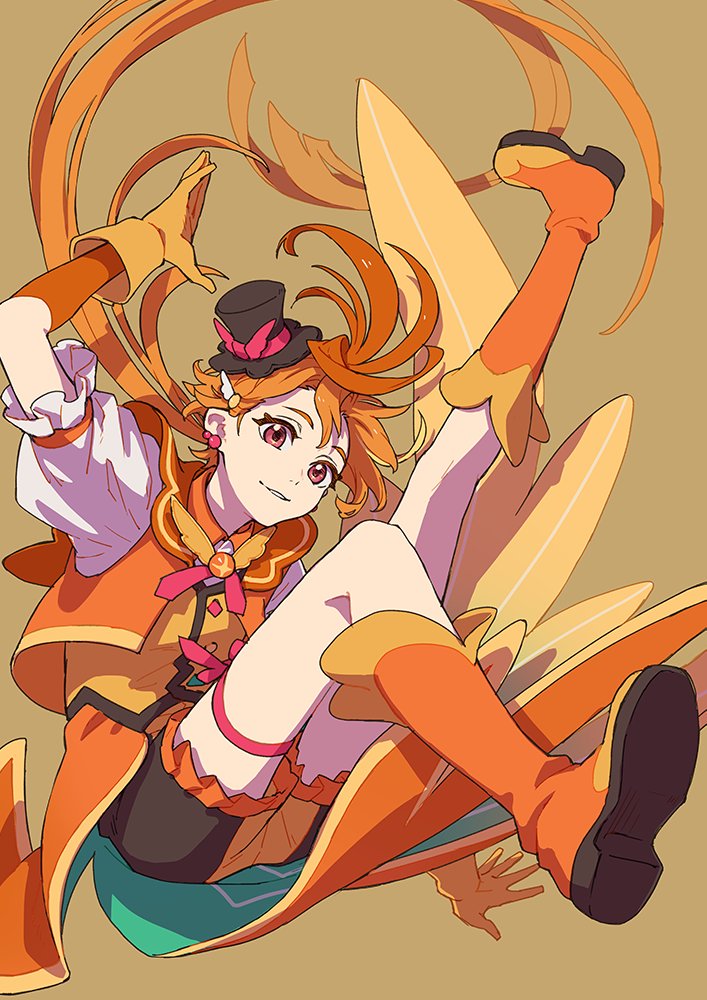 1boy blonde_hair boots brooch butterfly_earrings cure_wing earrings floating full_body gloves hair_ornament hat hirogaru_sky!_precure isshoku_(shiki) jewelry magical_boy mini_hat mini_top_hat multicolored_hair orange_hair orange_sailor_collar orange_shorts parted_bangs ponytail precure puffy_short_sleeves puffy_sleeves red_eyes sailor_collar short_sleeves shorts solo streaked_hair thigh_strap top_hat trap wing_hair_ornament yuunagi_tsubasa