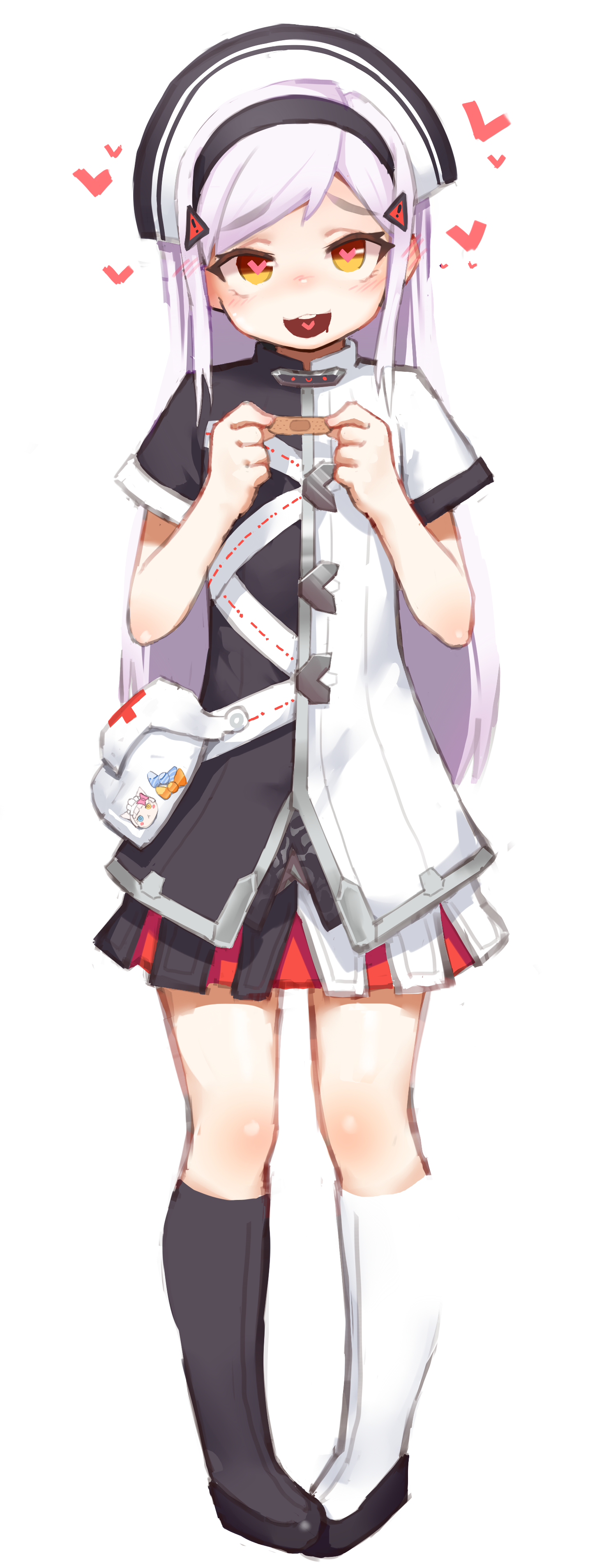 1girl absurdres aged_down bad_id bad_pixiv_id bandaid black_lilith black_lilith_(last_origin) blush boots female_focus flat_chest greentree hat heart highres last_origin looking_at_viewer silver_hair simple_background skirt solo swept_bangs white_background yellow_eyes