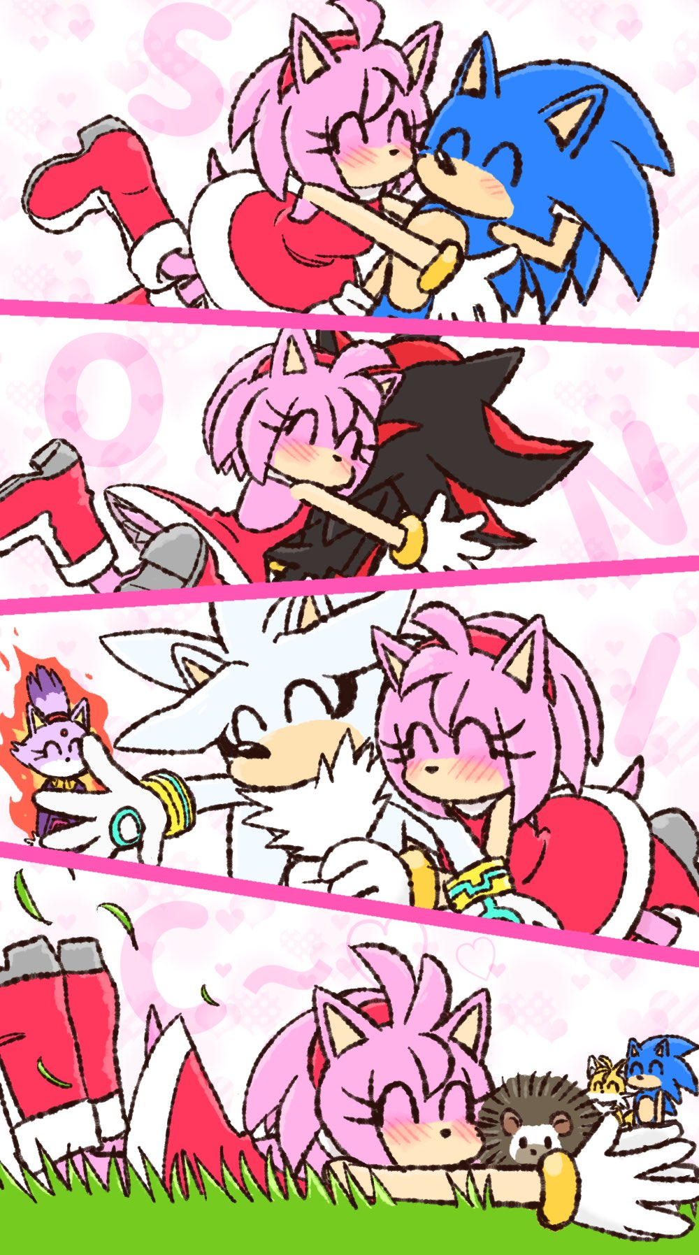 4koma ^_^ amy_rose blaze_the_cat blush boots cat child closed_eyes comic dress fire fox gloves grass hedgehog highres hug jealous jumping lying sega shadow_the_hedgehog shoes silver_the_hedgehog size_difference sonamy sonic_(series) sonic_the_hedgehog spiked_hair tail tails_(sonic) yotsumeddd