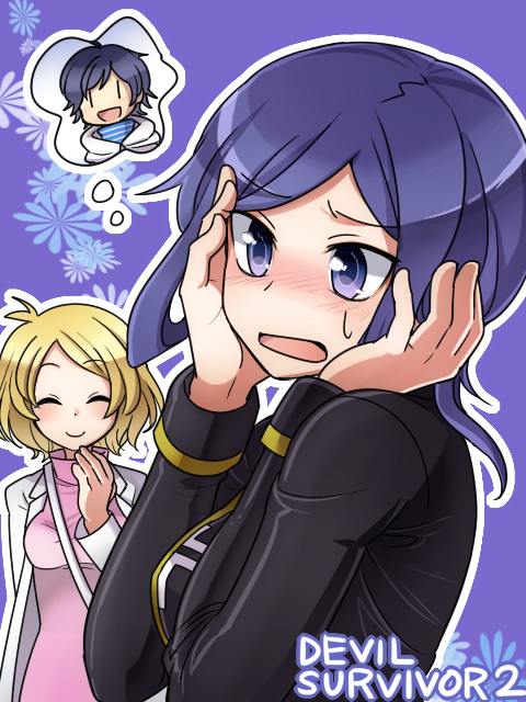 10s 1boy 2girls bad_id bad_pixiv_id blonde_hair blue_eyes blue_hair blush closed_eyes devil_survivor_(series) devil_survivor_2 kuze_hibiki multiple_girls protagonist_(devil_survivor_2) sako_makoto short_hair smile sweatdrop yabu_(yb8548) yanagiya_otome
