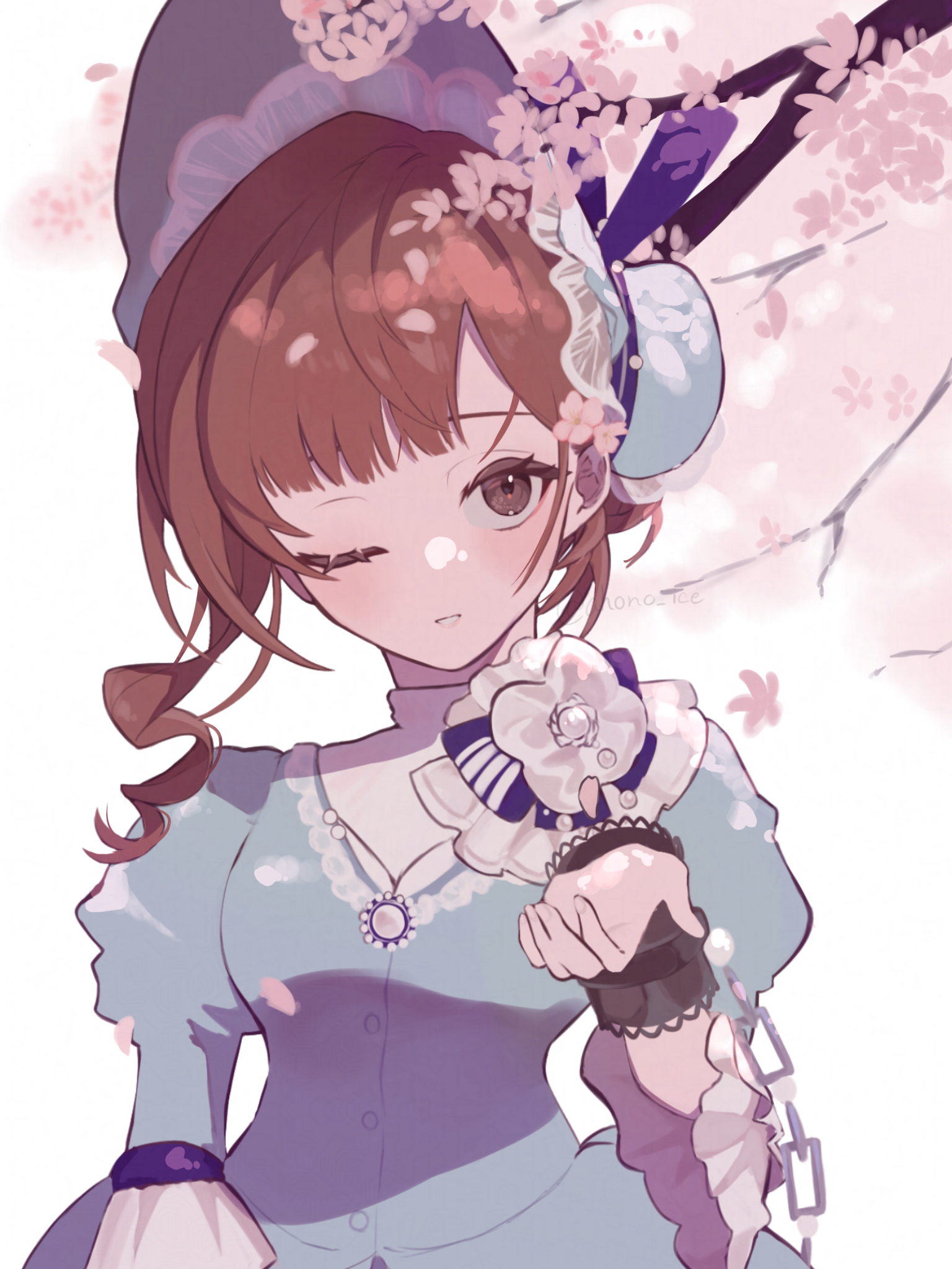 1girl aisu_(ahono_ice) blue_dress blue_hat bonnet branch brown_hair cuffs dress flower grin hair_flower hair_ornament hand_up hat highres juliet_sleeves long_sleeves looking_at_viewer official_alternate_costume one_eye_closed pink_flower puffy_sleeves reverse:1999 satsuki_(reverse:1999) short_hair smile solo upper_body white_background wrist_chain