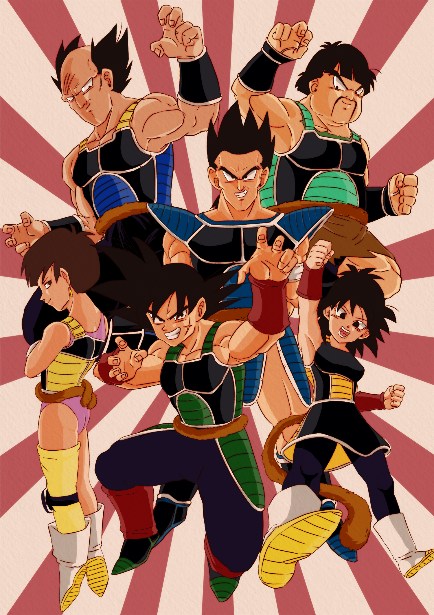 armpits bald bardock black_eyes black_hair boots brown_eyes brown_hair clenched_hands crossed_arms dragon_ball dragonball_z earrings facial_hair facial_scar fighting_stance floating gine grin highres jewelry leotard messy_hair monkey_tail muscular mustache open_mouth panbukin_(dragon_ball) pectoral_cleavage pectorals scar scar_on_cheek scar_on_face seripa short_hair skirt sleeveless smile tail toma_(dragon_ball) tondamanuke toteppo white_footwear wristband
