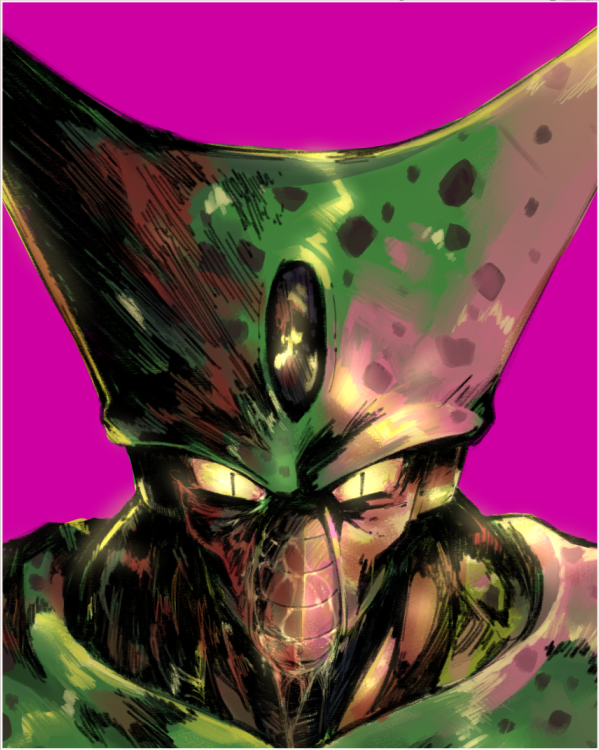 1boy carapace cell_(dragon_ball) colored_skin commentary dragon_ball dragonball_z english_commentary green_skin horns imperfect_cell jscandyhell male_focus monster multicolored_skin pink_background simple_background slit_pupils solo two-tone_skin