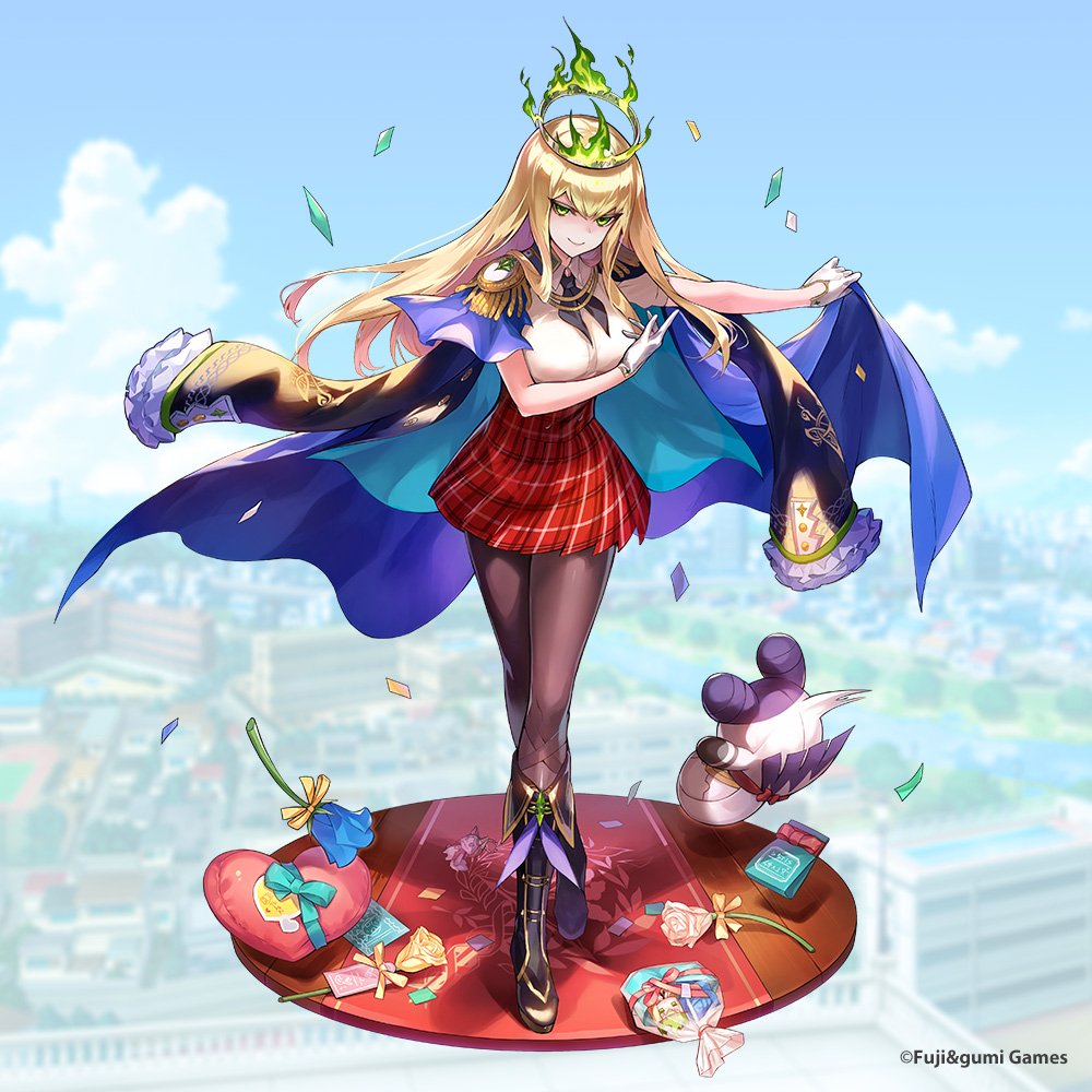 1girl black_boots black_pantyhose blonde_hair boots breasts closed_mouth commentary_request crown dainsleif_(phantom_of_the_kill) dress_shirt fire full_body gloves green_crown green_eyes green_fire hunched_over indoors large_breasts long_hair looking_at_viewer official_alternate_costume official_art pantyhose phantom_of_the_kill plaid_clothes pleated_skirt red_skirt school_uniform second-party_source shibuhiko shirt skirt smile solo standing stuffed_toy white_gloves white_shirt