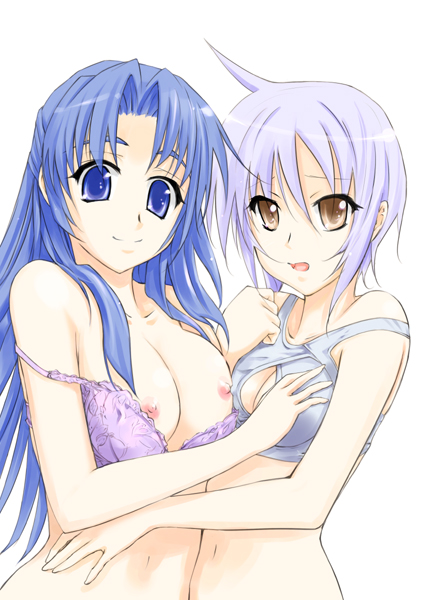 00s 2girls asakura_ryoko bad_id bad_pixiv_id blue_eyes blue_hair bra breasts brown_eyes funeral_(artist) lingerie long_hair medium_breasts multiple_girls nagato_yuki nipples short_hair silver_hair smile sumisi suzumiya_haruhi_no_yuuutsu underwear yuri