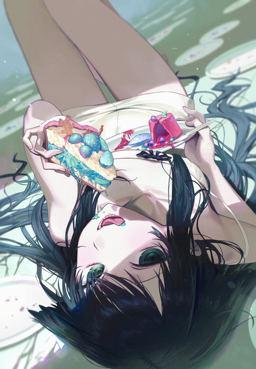 1girl blurry cake cake_slice collarbone depth_of_field dress eating food food_on_face foreshortening fork green_eyes green_hair hair_spread_out highres holding holding_cake holding_food holding_plate long_hair looking_at_viewer lying on_back plate ppru ribbon saya_(saya_no_uta) saya_no_uta sleeveless sleeveless_dress smile solo teeth tongue tongue_out upside-down white_dress