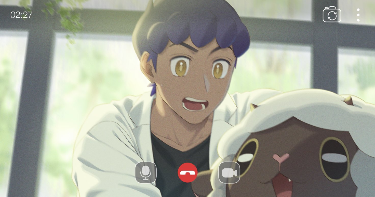 1boy black_shirt blurry blurry_background bright_pupils coat commentary creatures_(company) dark-skinned_male dark_skin game_freak gen_8_pokemon hop_(pokemon) indoors looking_down male_focus nintendo open_clothes open_coat open_mouth pokemon pokemon_(creature) pokemon_swsh purple_hair sankaku shirt short_hair sweatdrop symbol-only_commentary teeth timestamp tongue video_call white_coat wooloo yellow_eyes