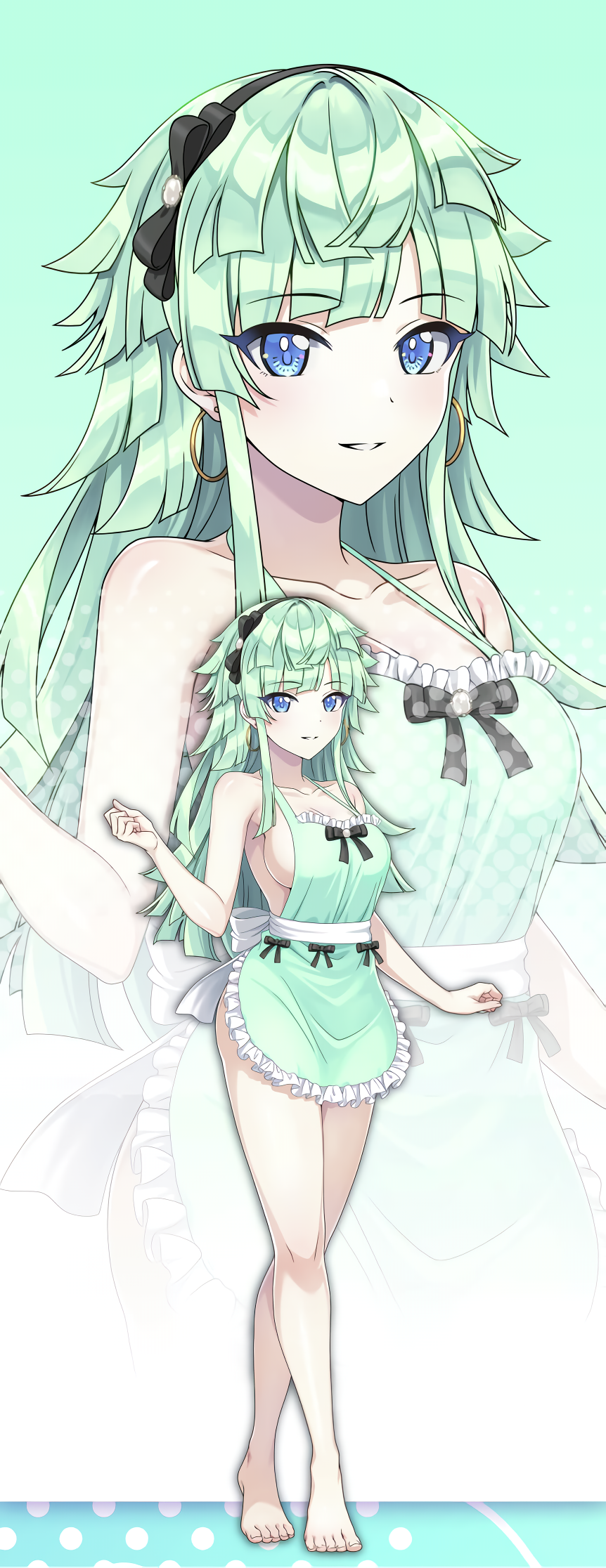 1girl apron barefoot blue_eyes breasts denim dolphin_wave earrings green_hair highres jeans jewelry large_breasts long_hair official_art ootomo_takuji pants selena_lewis sideboob