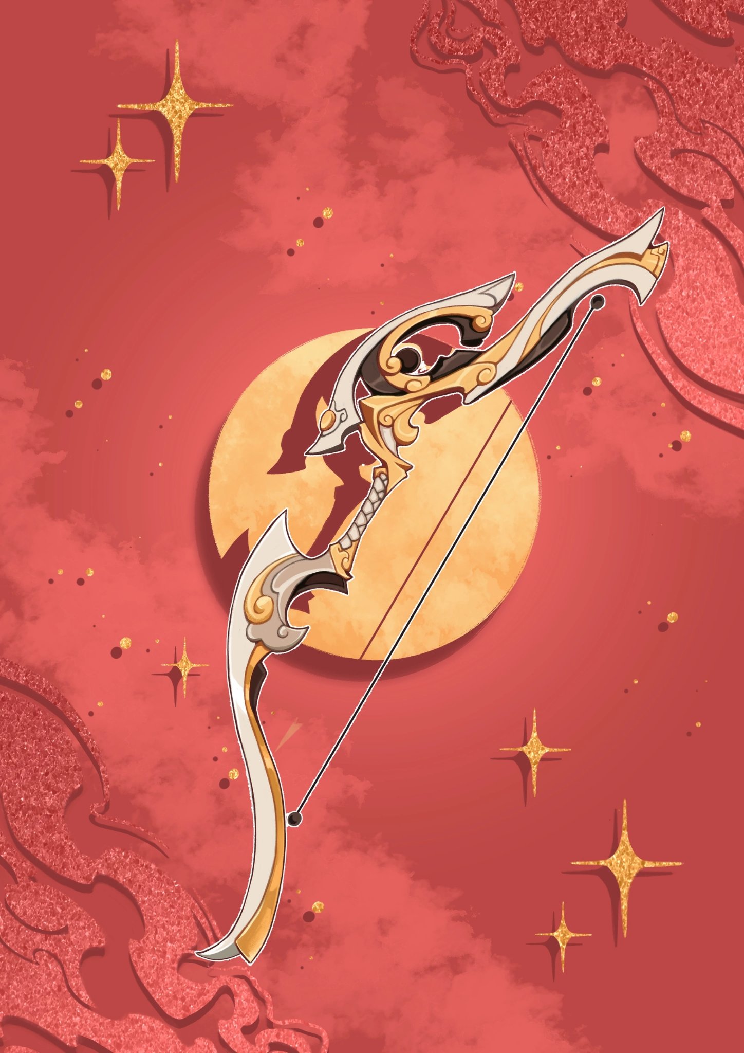 analogous_colors bow_(weapon) card_(medium) cloud colored_smoke commentary english_commentary feng_xin glitter gold highres monochrome no_humans object_focus outline red_background red_theme smoke sparkle tianguan_cifu verbartt weapon white_outline
