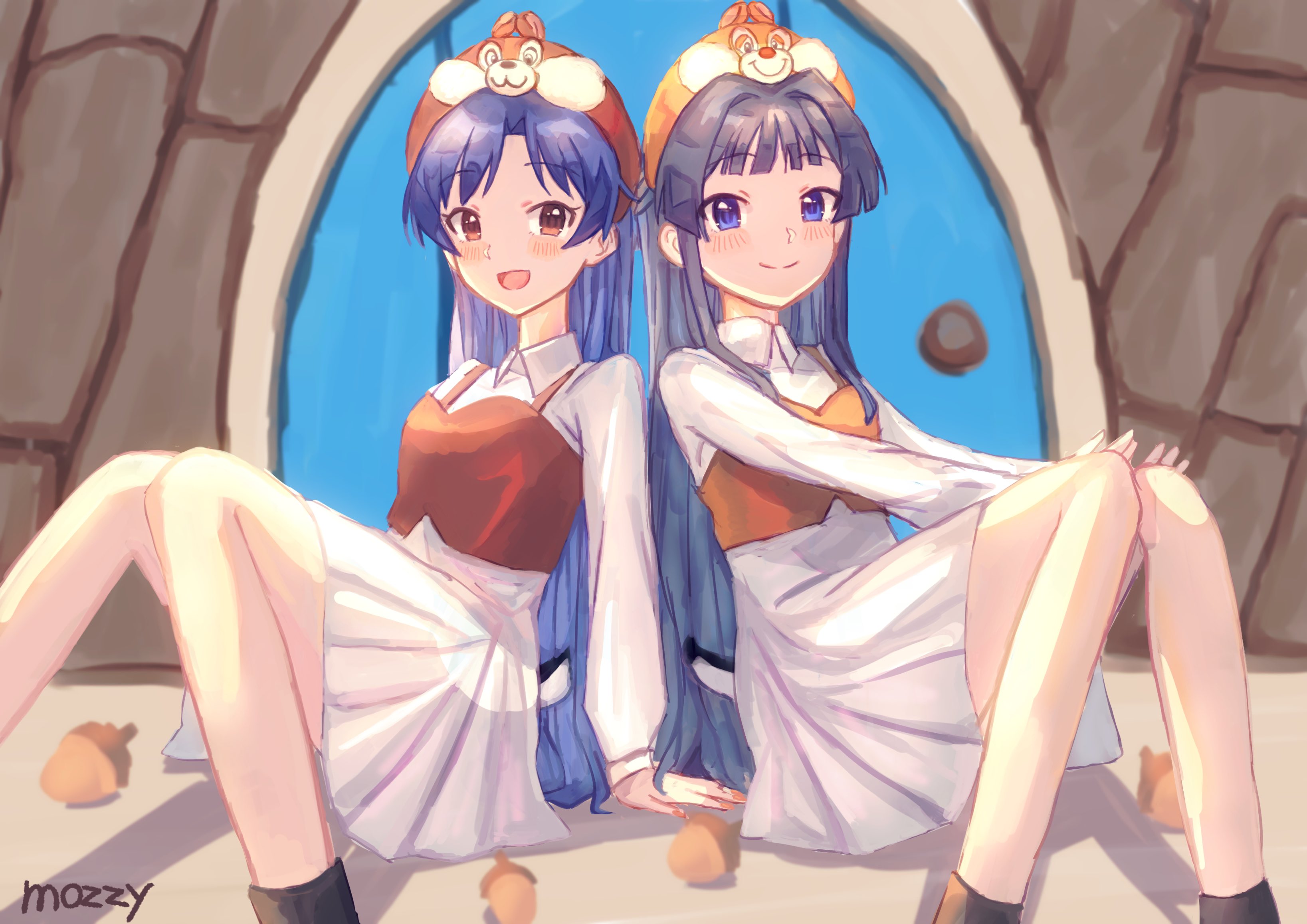 absurdres acorn artist_name black_hair blue_eyes blue_hair blush brown_eyes closed_mouth door dress hat highres idolmaster idolmaster_(classic) idolmaster_million_live! kisaragi_chihaya long_hair long_sleeves looking_at_viewer mogami_shizuka mozzy0v0y open_mouth sitting smile stone_wall white_dress