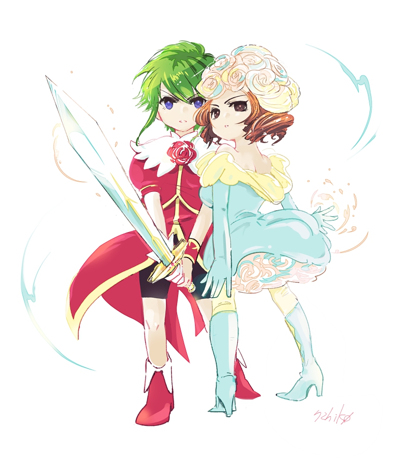 2girls 72yan asellus_(saga_frontier) bare_shoulders bike_shorts blue_eyes boots breasts brown_hair dress flower full_body gloves green_hair high_heel_boots high_heels long_hair looking_at_viewer medium_breasts multiple_girls princess_white_rose rose saga saga_frontier short_hair simple_background skirt sword weapon white_background