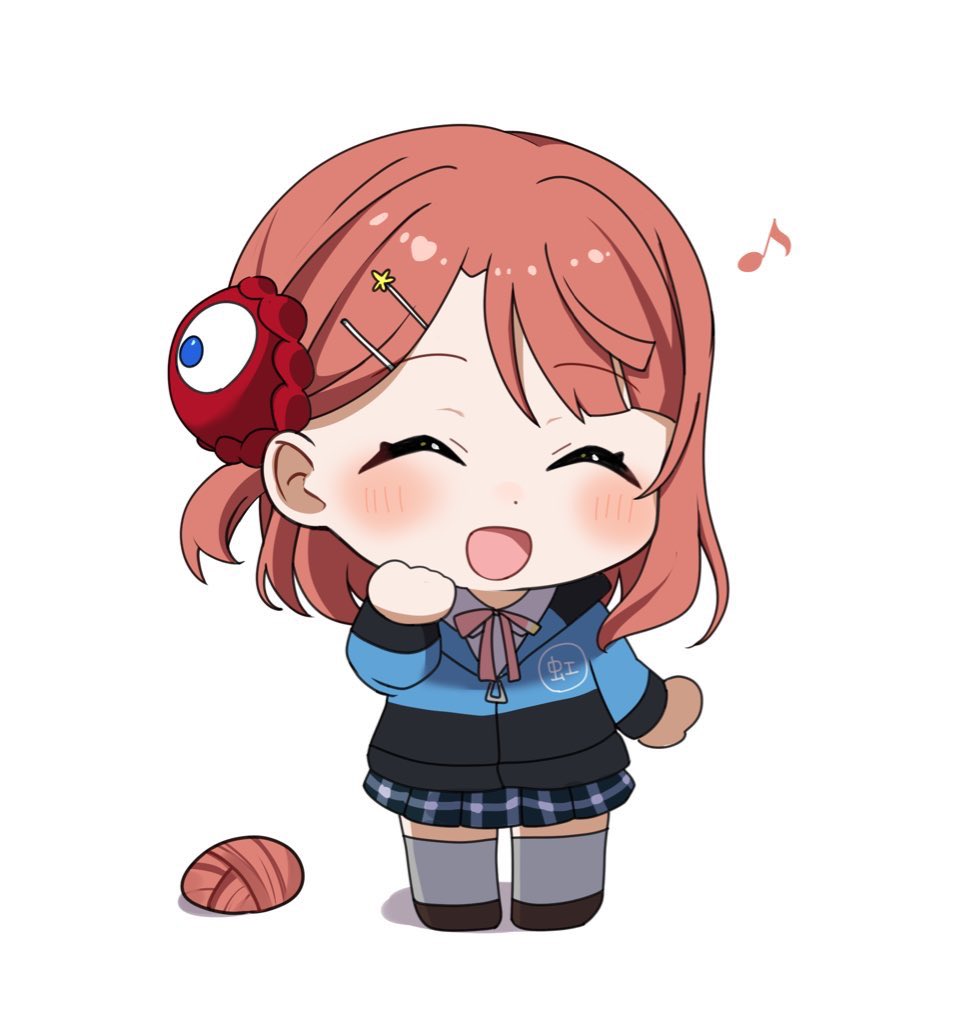 1girl :d ^_^ alien blue_jacket blue_shirt blue_skirt blunt_bangs blush bun_with_braided_base chibi chibi_only closed_eyes commentary_request eighth_note extra_eyes facing_viewer grey_socks hair_bun hair_ornament hairclip jacket kneehighs love_live! love_live!_nijigasaki_high_school_idol_club medium_hair musical_note neck_ribbon nijigasaki_school_uniform nyako_(utaneko31) open_mouth pink_hair pink_ribbon ribbon school_uniform shirt single_hair_bun single_side_bun skirt smile socks solo summer_uniform swept_bangs track_jacket uehara_ayumu