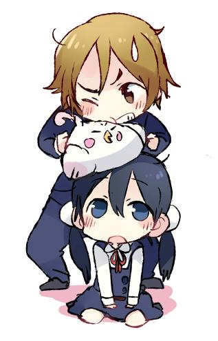 1boy 1girl black_hair blue_dress blue_eyes blue_jacket blue_pants blush blush_stickers brown_eyes brown_hair chibi clenched_teeth dera_mochimazzui dress hair_between_eyes jacket kitashirakawa_tamako light_brown_hair long_hair lowres one_eye_closed ooji_mochizou pants pinafore_dress red_neckwear school_uniform shirt sitting sleeveless_dress standing sweatdrop tamako_market taneda_yuuta teeth twintails white_shirt