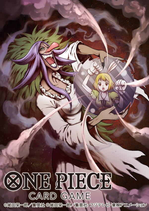 2girls animal_ears black_nails blonde_hair breasts carrot_(one_piece) charlotte_brulee collarbone commentary_request copyright_name copyright_notice dress feet_out_of_frame gloves green_dress long_hair long_nose looking_at_another looking_at_viewer medium_breasts mirror multiple_girls nekobayashi official_art one_piece one_piece_card_game open_mouth puffy_short_sleeves puffy_sleeves purple_hair rabbit_ears rabbit_girl short_hair short_sleeves smoke upper_body white_dress white_fur white_gloves