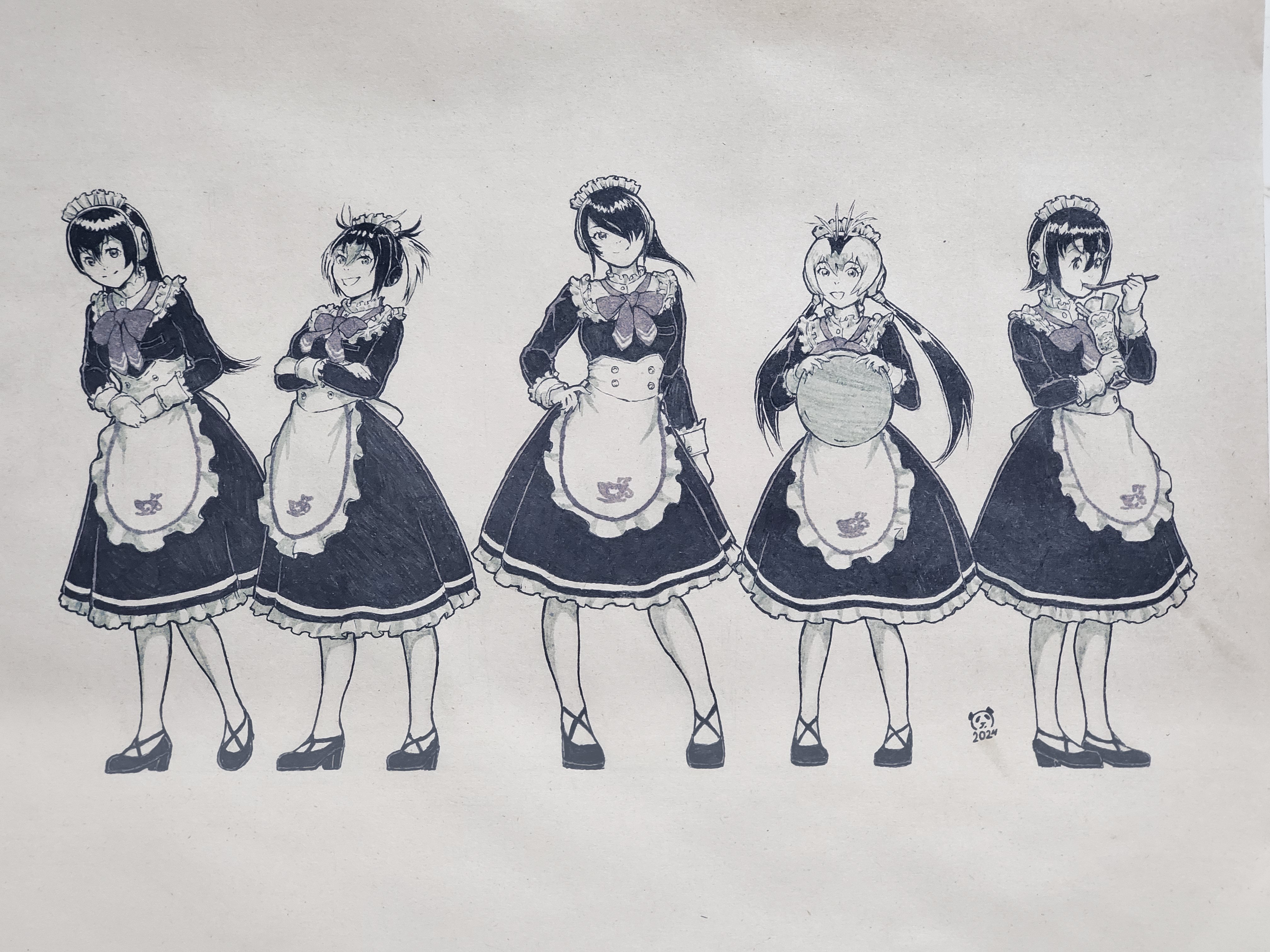 5girls absurdres alternate_costume apron bow bowtie collar dress eating emperor_penguin_(kemono_friends) enmaided food frilled_apron frilled_collar frilled_dress frills gentoo_penguin_(kemono_friends) hair_between_eyes hair_over_one_eye hand_on_hilt headphones high_collar highres humboldt_penguin_(kemono_friends) japari_symbol kemono_friends kemono_friends_3 long_hair long_sleeves maid maid_headdress matching_outfits monochrome multiple_girls official_alternate_costume pandacron parfait pen_(medium) penguin_girl penguins_performance_project_(kemono_friends) rockhopper_penguin_(kemono_friends) royal_penguin_(kemono_friends) short_hair short_twintails sidelocks sleeve_cuffs traditional_media tray twintails