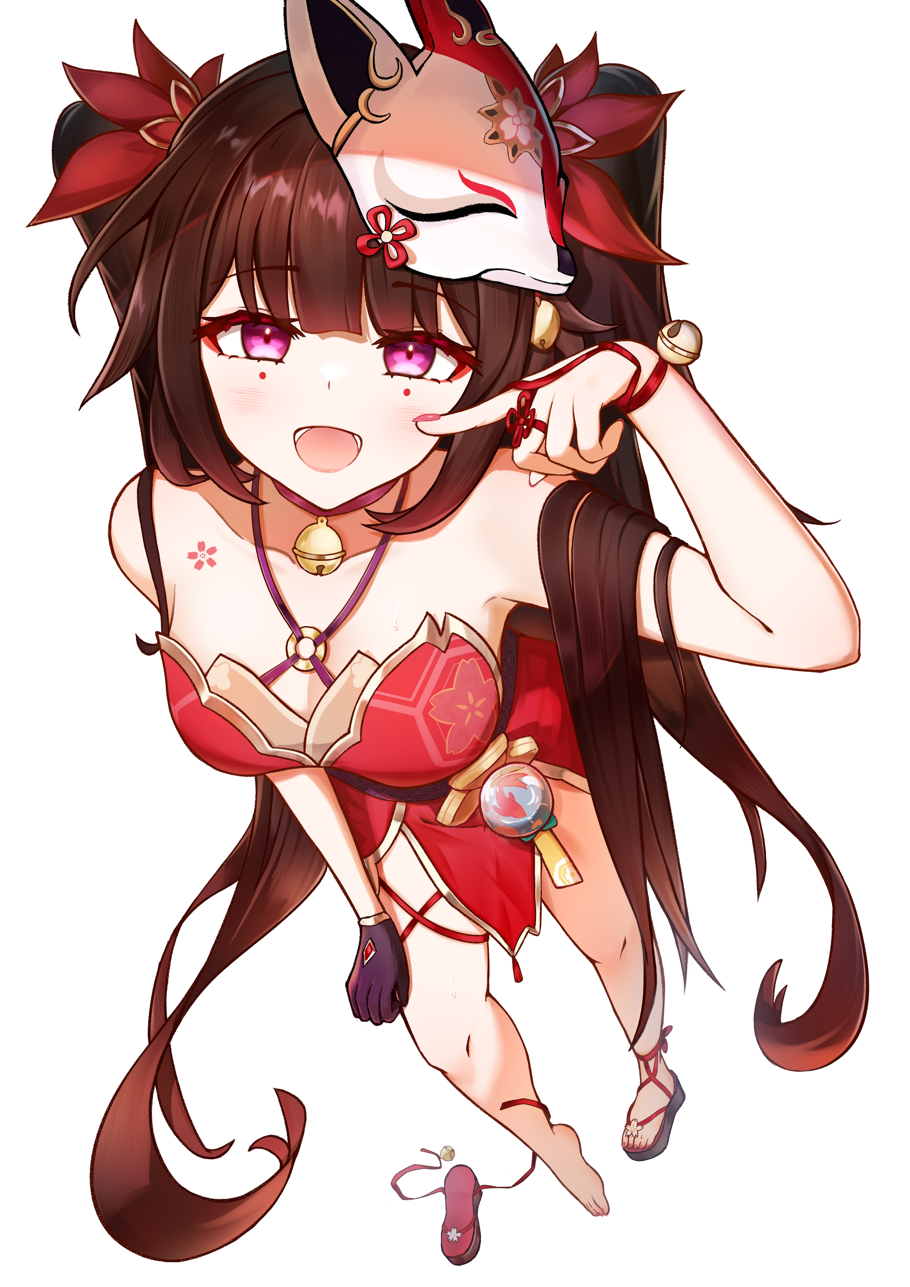 1girl absurdres bare_legs bare_shoulders bell black_gloves breasts brown_hair circle_facial_mark collarbone commentary dress eyeliner finger_to_cheek fingernails flower_tattoo fox_mask from_above gloves hair_bell hair_ornament hair_ribbon halterneck highres honkai:_star_rail honkai_(series) japanese_clothes kamory long_hair looking_at_viewer makeup mark_under_both_eyes mask mask_on_head medium_breasts nail_polish neck_bell open_mouth pelvic_curtain pink_eyes red_dress red_eyeliner red_nails red_ribbon ribbon shoulder_tattoo simple_background single_bare_foot single_glove smile solo sparkle_(honkai:_star_rail) tattoo toes very_long_hair white_background