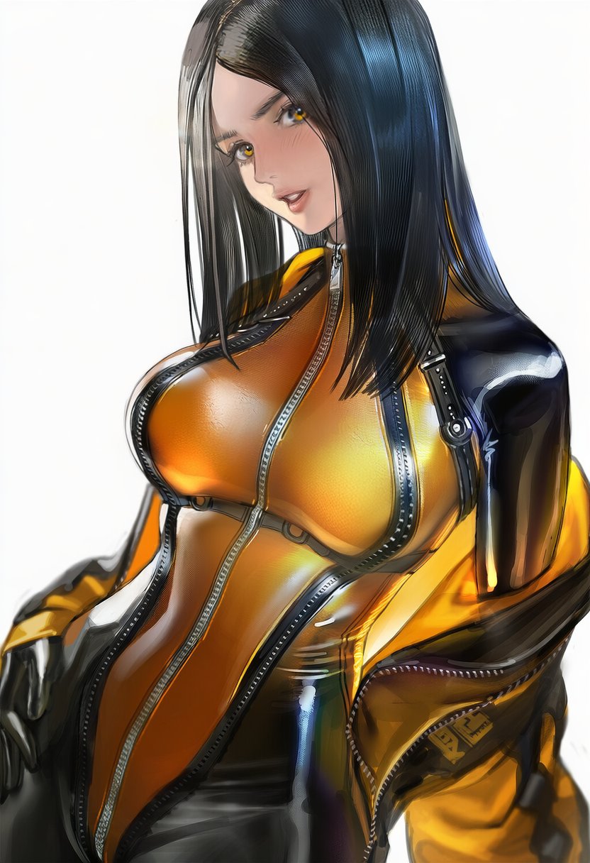 1girl black_hair bodysuit breasts brown_eyes hand_on_own_hip highres long_hair looking_at_viewer off-shoulder_jacket off_shoulder parted_bangs shiny_clothes skin_tight smile solo stellar_blade tachy_(stellar_blade) two-tone_bodysuit very_long_hair white_background yellow_bodysuit zipper