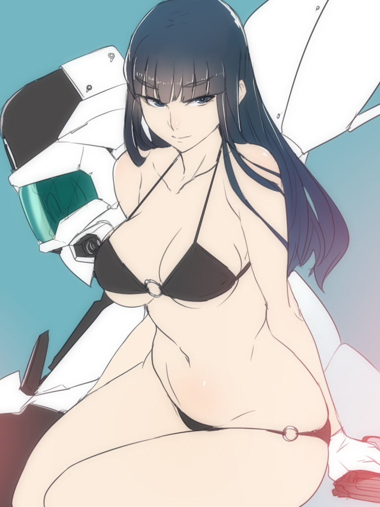 1girl artistic_error av-98_ingram bad_id bad_pixiv_id ban!_(bansankan) bare_shoulders bikini black_bikini black_eyes black_hair blunt_bangs breasts cleavage collarbone curvy female_focus gloves gun handgun kanuka_clancy kidou_keisatsu_patlabor large_breasts light_smile looking_at_viewer mecha navel o-ring o-ring_bikini pistol robot sitting skindentation solo string_bikini swimsuit underboob weapon white_gloves
